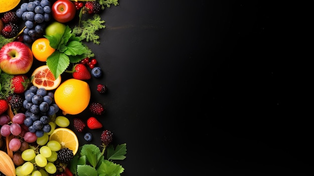 Vista dall'alto di frutta fresca, verdura e bacche su sfondo nero