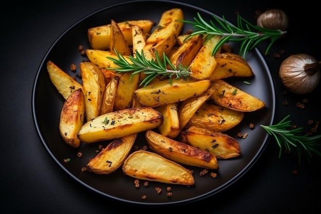 Vista dall'alto di gustose patate fritte all'interno del piatto con condimenti sulla superficie scura