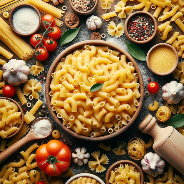 vista dall'alto di maccheroni grezzi pasta italiana come sfondo