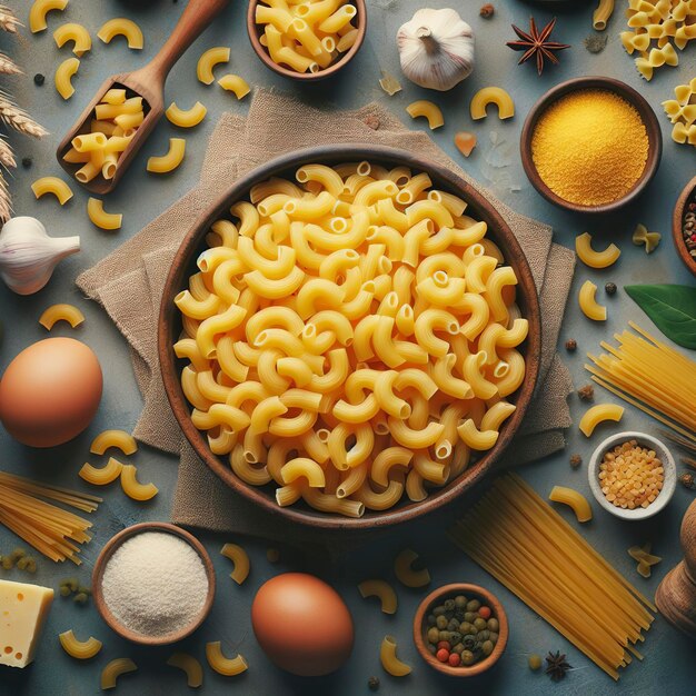 vista dall'alto di maccheroni grezzi pasta italiana come sfondo