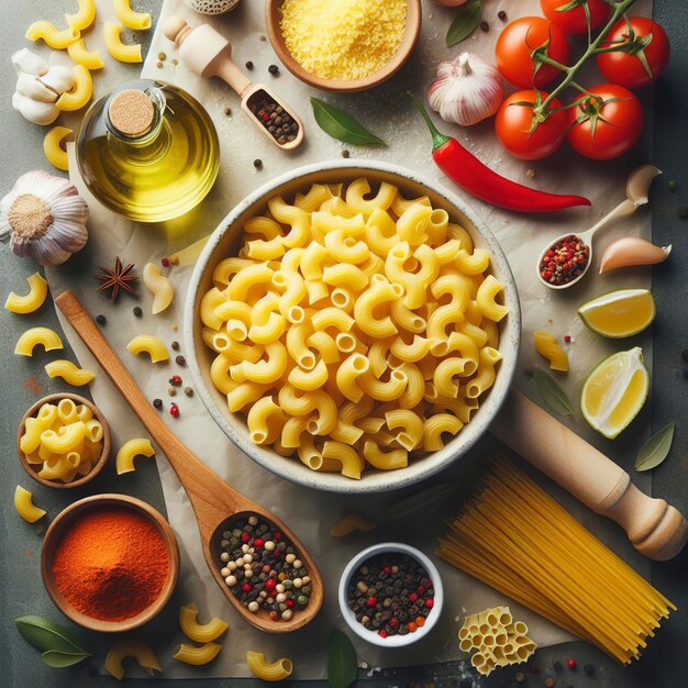 vista dall'alto di maccheroni grezzi pasta italiana come sfondo