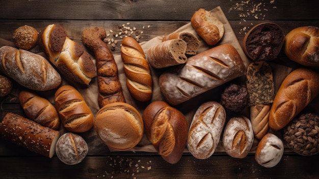 Vista dall'alto di molti tipi di pane su uno sfondo di legno