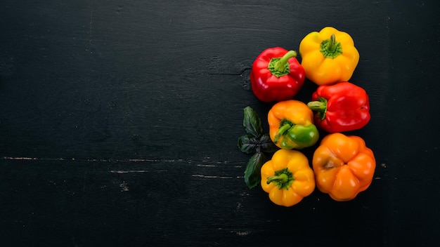 Vista dall'alto di paprika colorata fresca su sfondo di legno nero Spazio libero per il testo