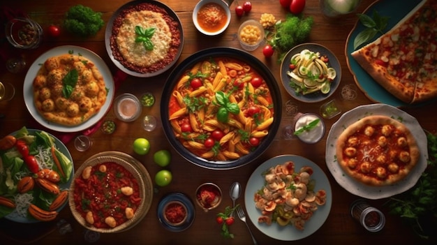 Vista dall'alto di pasti italiani su piatti e padelle Pizza pasta risotto zuppa e insalata di pesce e verdure