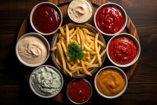 Vista dall'alto di patatine fritte fatte in casa con ketchup e maionese