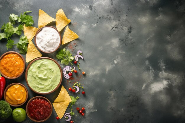 Vista dall'alto di patatine nachos messicane con più salse salsa guacamole formaggio e panna acida displaye