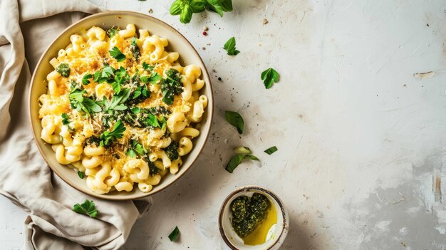 Vista dall'alto di Pesto Macaroni e Formaggio