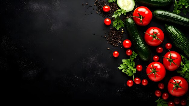 vista dall'alto di pomodori e cetrioli ingredienti di cucina sulla superficie nera