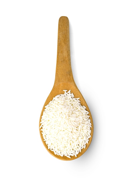Vista dall'alto di riso glutinoso in un cucchiaio di legno.