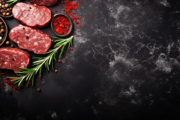 Vista dall'alto di salsicce salame e carne affumicata su sfondo di pietra nera con rosmarino e spezie Spazio