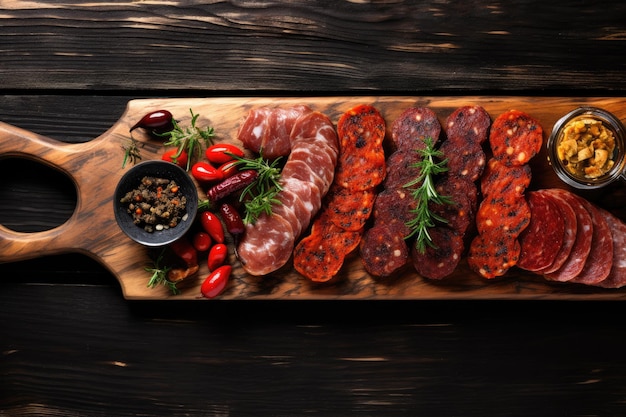 Vista dall'alto di salsicce spagnole a fette di salame fuet e chorizo su una tavola di legno nera