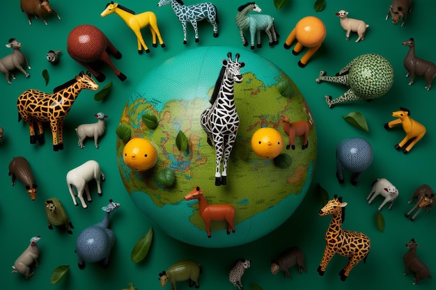 Vista dall'alto di scritture colorate e del pianeta Terra con statuette di animali per la giornata degli animali