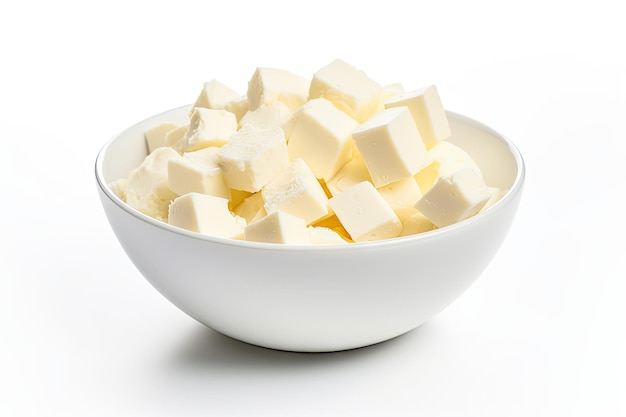 Vista dall'alto di sfondo bianco con formaggio morbido a dadini in una ciotola