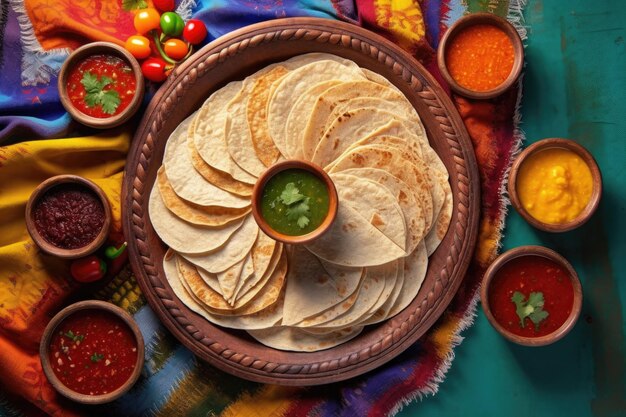 Vista dall'alto di tortillas su un piatto colorato con salsa creata con ai generativa