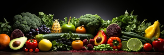 Vista dall'alto di un assortimento colorato di verdure e frutta fresche e salutari sullo sfondo scuro