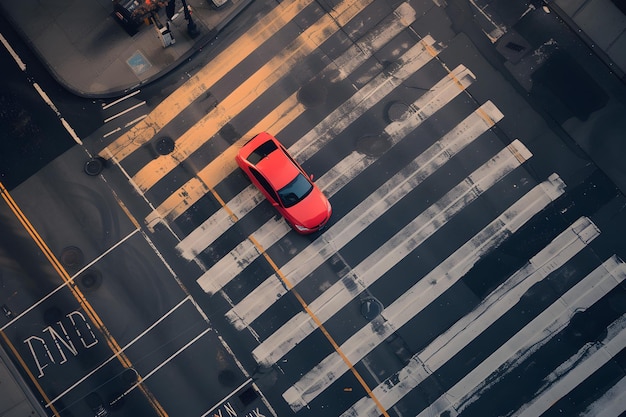 Vista dall'alto di un'auto rossa sul passaggio pedonale