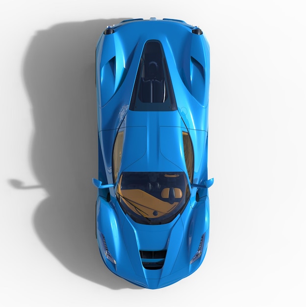 Vista dall'alto di un'auto sportiva. L'immagine di un'auto sportiva blu su sfondo bianco. illustrazione 3D.