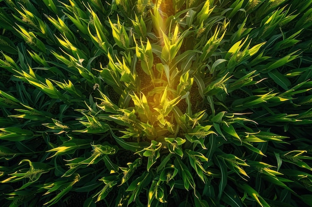 vista dall'alto di un campo di mais con lo sfondo del tramonto paesaggio fattoria naturale