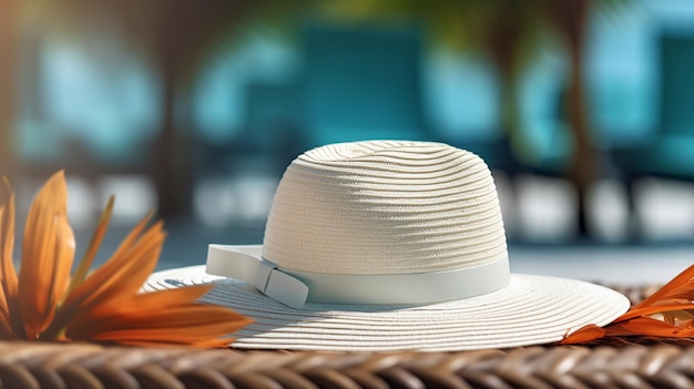 Vista dall'alto di un cappello bianco e di una foglia di palma verde sullo sfondo della piscina