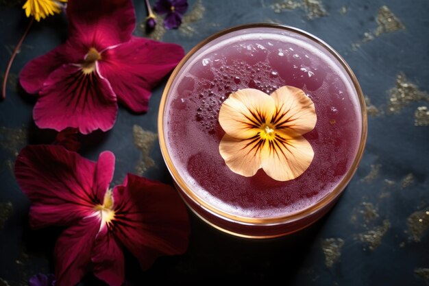 Vista dall'alto di un cocktail guarnito con un fiore