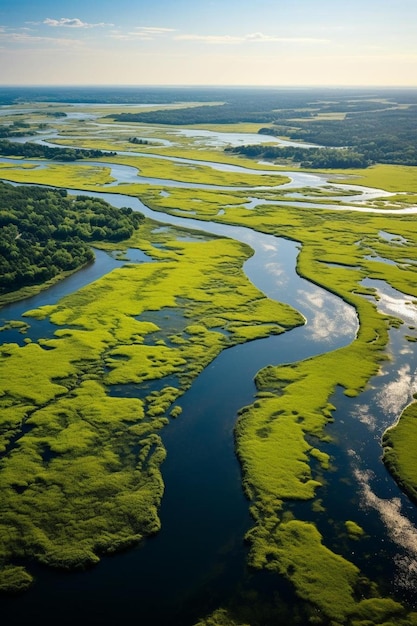 vista dall'alto di un drone di verde lussureggiante con l'estuario del fiume sulle zone umide