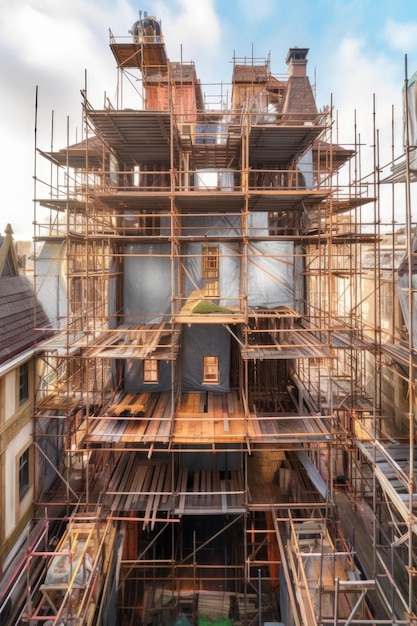 Vista dall'alto di un edificio incompiuto e di un'impalcatura creata con l'IA generativa