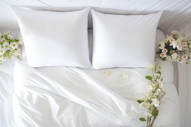 Vista dall'alto di un elegante letto ornato con morbidi piumini bianchi e cuscini