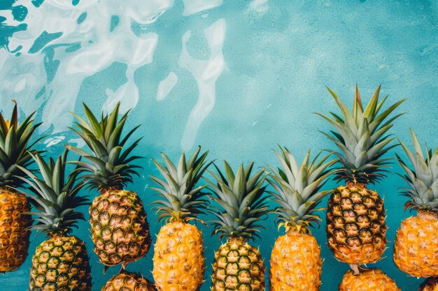 Vista dall'alto di un frutto di ananas che galleggia in una piscina estiva