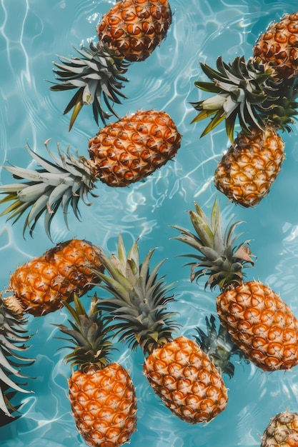 Vista dall'alto di un frutto di ananas che galleggia in una piscina estiva