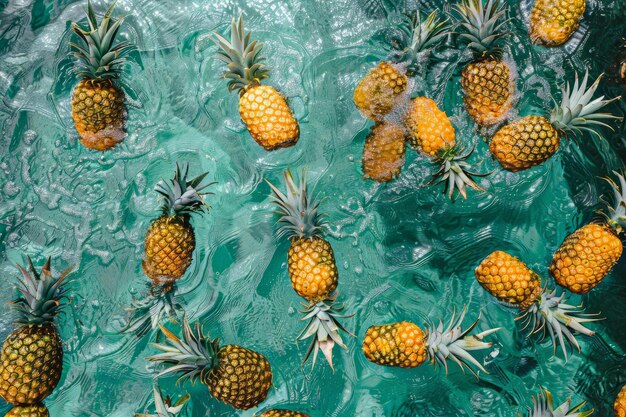 Vista dall'alto di un frutto di ananas che galleggia in una piscina estiva