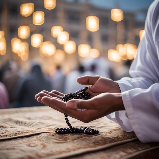 Vista dall'alto di un giovane ragazzo musulmano che prega durante il mese sacro del Ramadan