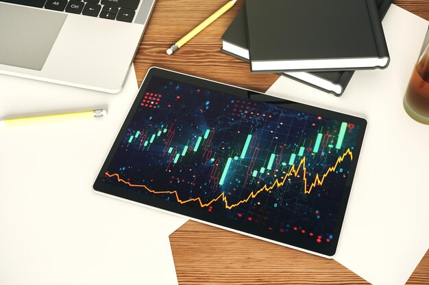 Vista dall'alto di un grafico finanziario creativo astratto sullo schermo di un moderno tablet digitale forex e concetto di investimento 3D Rendering