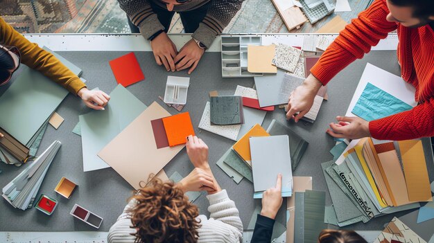 Vista dall'alto di un gruppo di designer che lavorano insieme a un progetto, tutti guardano campioni e campioni di colori diversi.