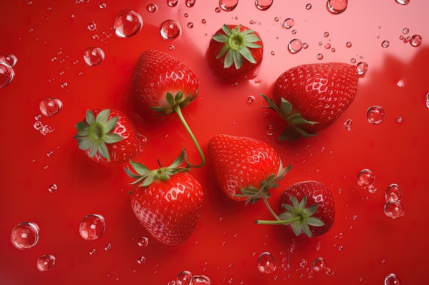 Vista dall'alto di un gruppo di fragole che si tuffano in un succo di fragola