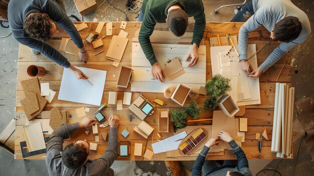 Vista dall'alto di un gruppo di giovani creativi che lavorano insieme a un tavolo di legno in un ufficio moderno