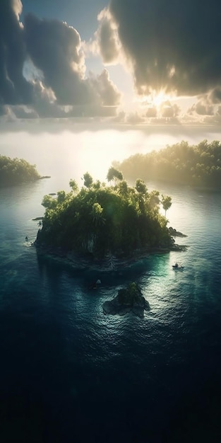 Vista dall'alto di un'isola tropicale rocciosa isolata con acqua turchese e spiaggia bianca Isola galleggiante