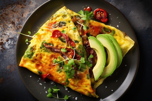 Vista dall'alto di un'omelette con avocado su tortilla