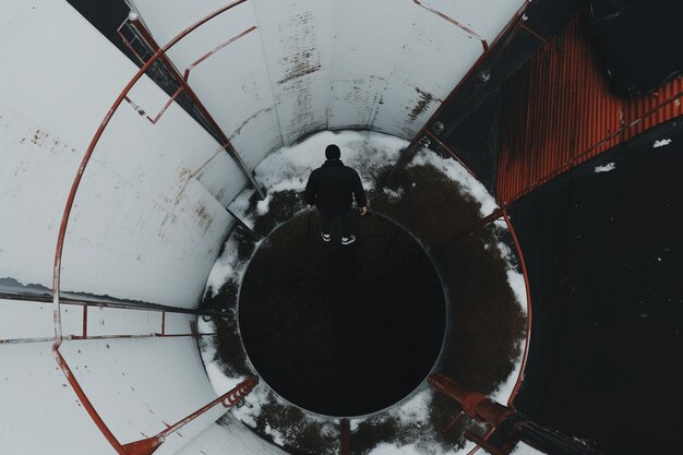 Vista dall'alto di un operaio di fabbrica che sale le scale di metallo su un edificio di silo industriale