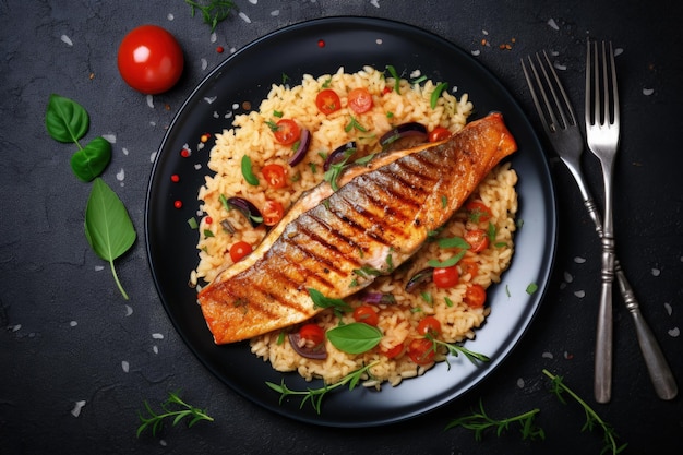 Vista dall'alto di un pasto mediterraneo con pesce alla griglia e risotto alle verdure su un tavolo da cucina