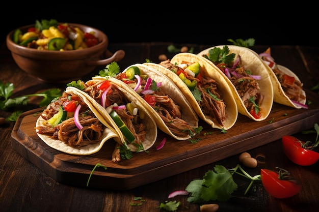 Vista dall'alto di un piatto di tacos de carnitas, cibo messicano