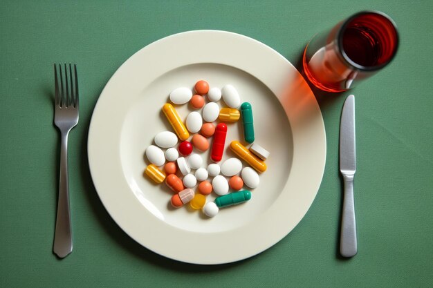 Vista dall'alto di un piatto pieno di pillole e compresse pillola dietetica e concetto di integratore alimentare