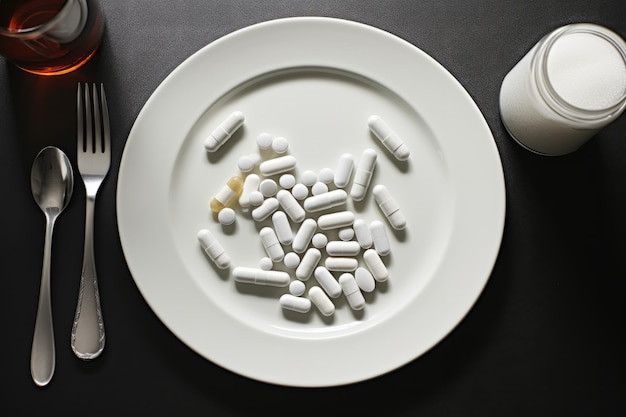 Vista dall'alto di un piatto pieno di pillole e compresse pillola dietetica e concetto di integratore alimentare