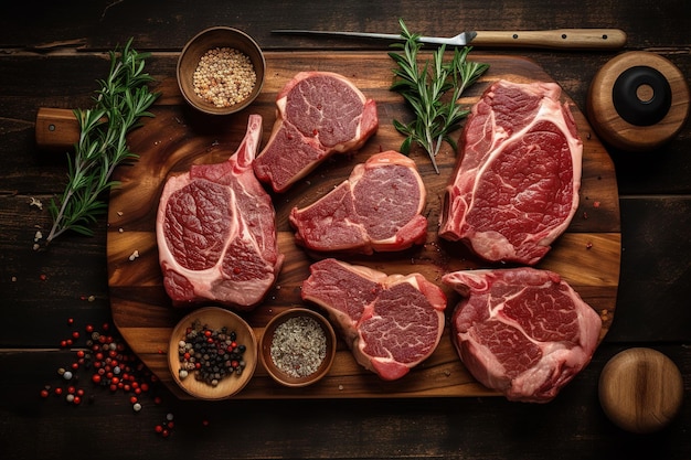 vista dall'alto di un tagliere di legno con pezzi di carne cruda per la cottura dell'IA generativa