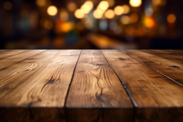 Vista dall'alto di un tavolo di legno contro un interno bar sfocato