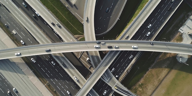 Vista dall'alto di un traffico autostradale a sfioro e concetto di città IA generativa