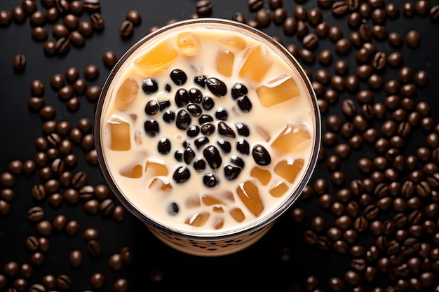 Vista dall'alto di un trendy e popolare tè a bolle di latte noto anche come Boba con deliziosa tapioca