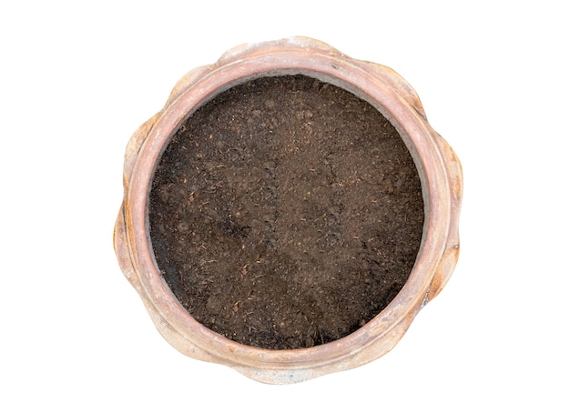 Vista dall'alto di un vaso di argilla riempito con terriccio organico su sfondo bianco.