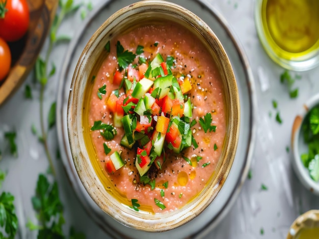 Vista dall'alto di una ciotola di rinfrescante zuppa di gazpacho guarnita con verdure a dadi, olio d'oliva e frutta fresca