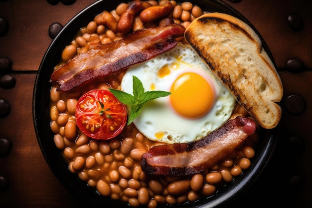 Vista dall'alto di una colazione inglese con uova fritte, fagioli, pomodori, funghi, pancetta e pane tostato