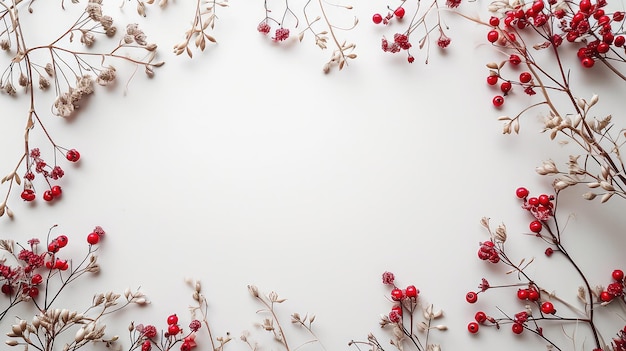 Vista dall'alto di una disposizione minimalista di foglie, rami, fiori e bacche che formano una cornice rettangolare che offre una cornice sottile e strutturata per testo o contenuti promozionali. Sfondo